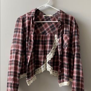 Plaid semi crop top lace button up